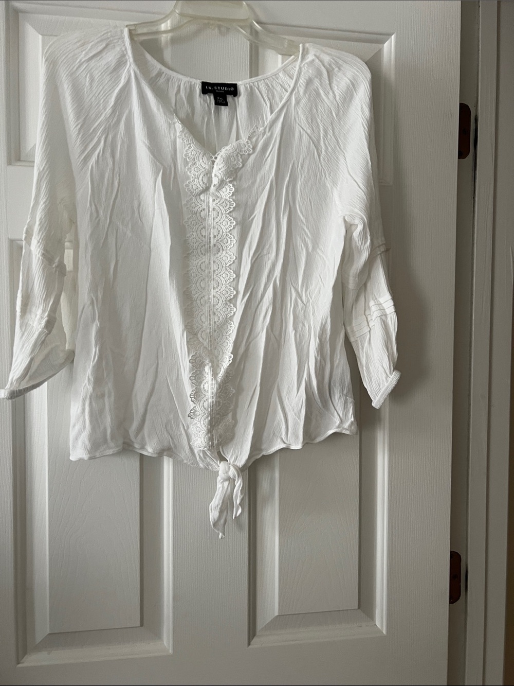 No Boundaries White Lace-Trim Tie-Front Tunic Top
